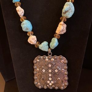 Turquoise Stone Silver Cross Necklace